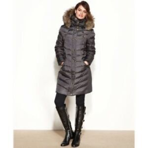 Michael Kors Faux Fur Trim Down Gunmetal Coat XS